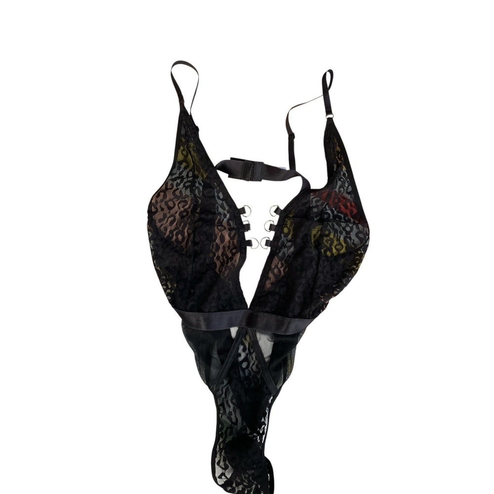 Shirley Hollywood Black‎ Teddy XL Sheer Leopard Mesh Fairy Goth *missing tie*